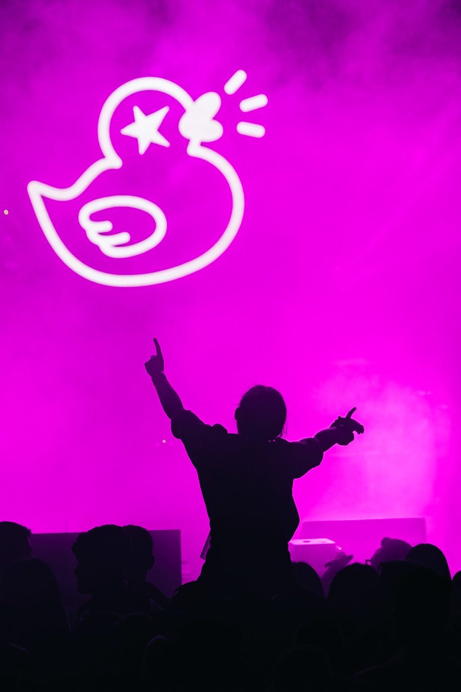 Una persona del públic amb el braç enlaire sota la llum magenta